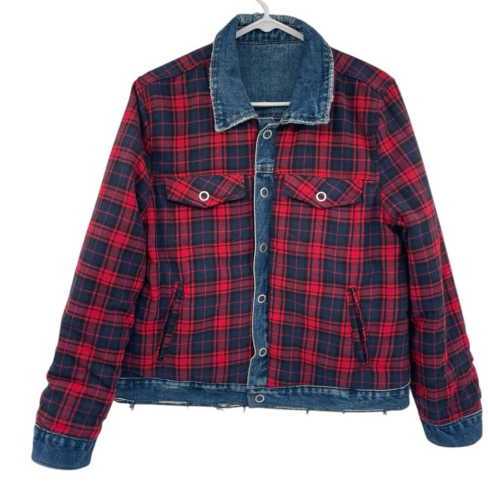 BLANKNYC American Pie Jacket Womens Medium Blue Denim Reversible Plaid Studded